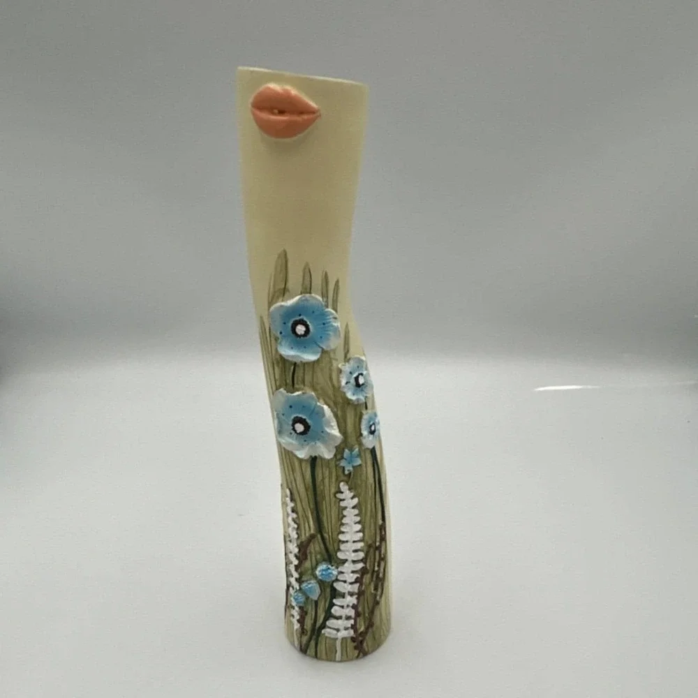 Set of 3 Modern Floral Face Vases, Cream Orange Blue Green, Matte Finish